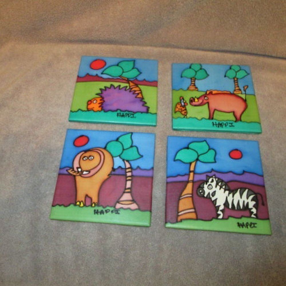 4 African Hand Painted Silk Tiles Safari Animals Serengeti Signed Ceramic Art